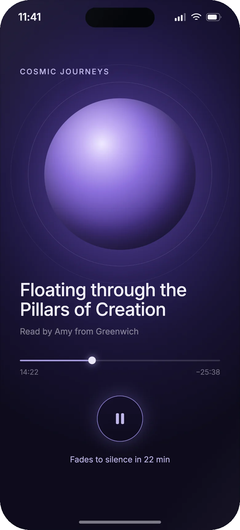 The player screen mid-story: “Floating through the Pillars of Creation”, read by Amy from Greenwich, 14:22 elapsed, and the note “Fades to silence in 22 min.”