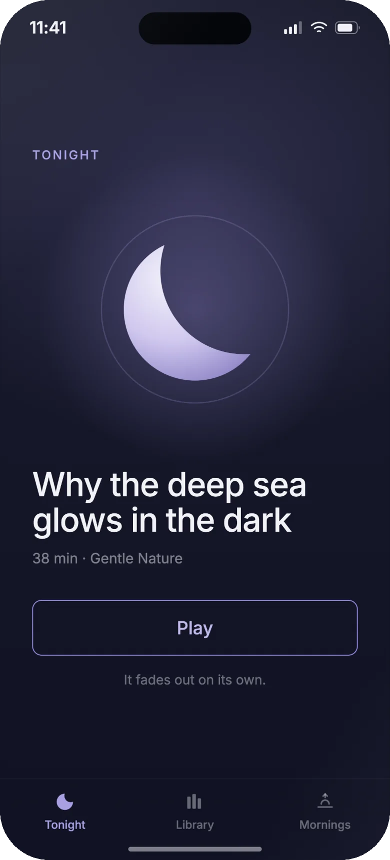Tonight screen: a single story, “Why the deep sea glows in the dark”, 38 minutes, Gentle Nature, with one Play button.